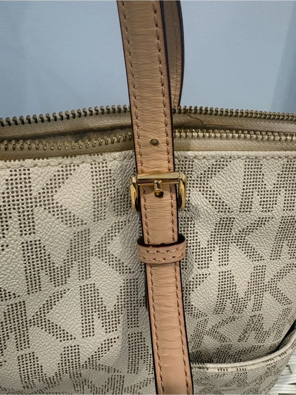 Michael Kors Beige Logo Jacquard Tote with Tan Leather Straps
